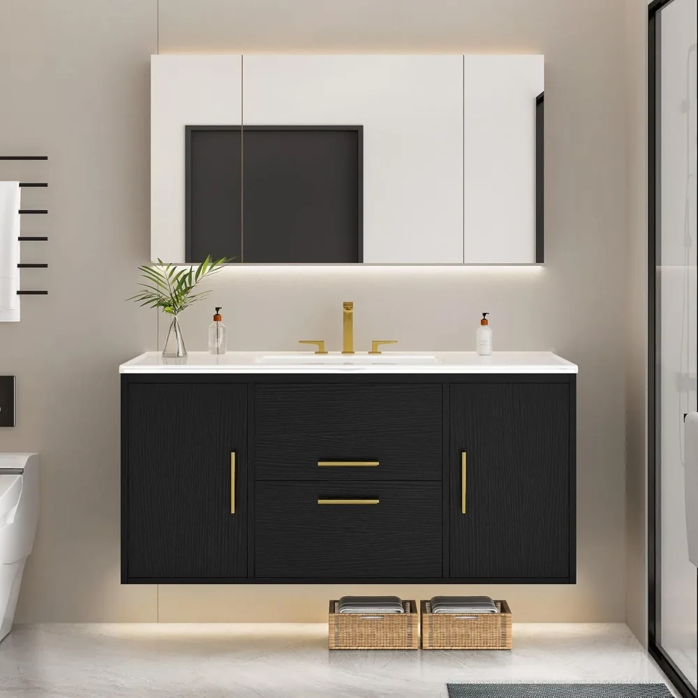 

36 Inch Floating Bathroom Vanity with Three Holes Sink, Wall Mounted Cabinet with 2 Storge Cainets Undermount Ceramic Basin