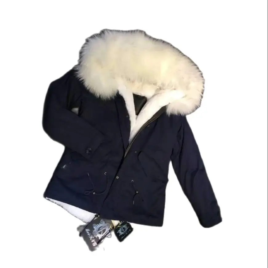 

Navy Short Parka Knitted Solid White Faux Fur Lined Men Coat Winter Suitable Wear For Male