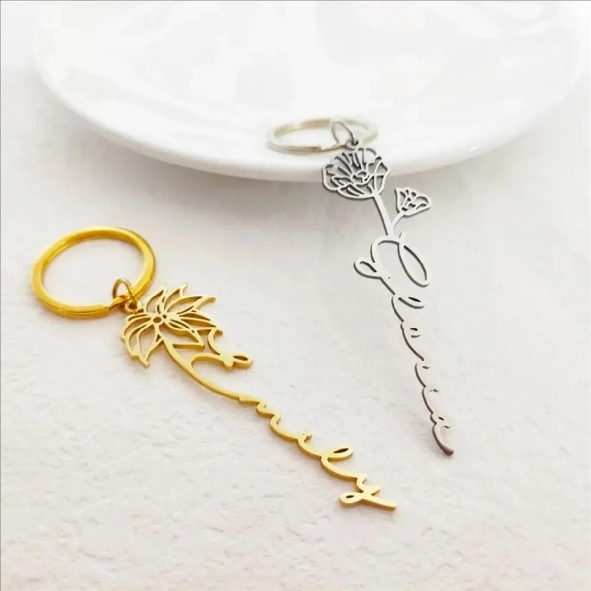 Custom Name Birth Flower Keychain Dainty Personalized Keyring Christmas Bridesmaid Gift For Her