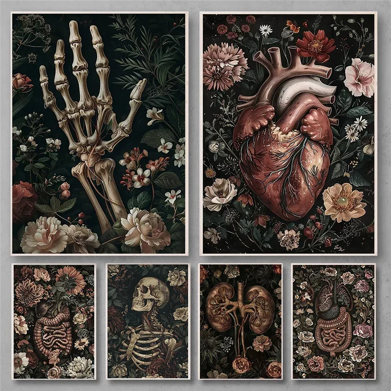 Floral Skeleton Portrait Anatomical Dark Academia Halloween Printable Spooky Decor Vintage Poster Gothic Painting Flower Skul