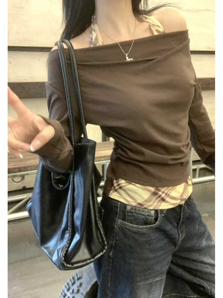 スリムフィットチェック柄パッチワーク吊りネックTシャツ女性用ロングスリーブベースシャツセクシーガールスリーブフェイクツーピース秋新作