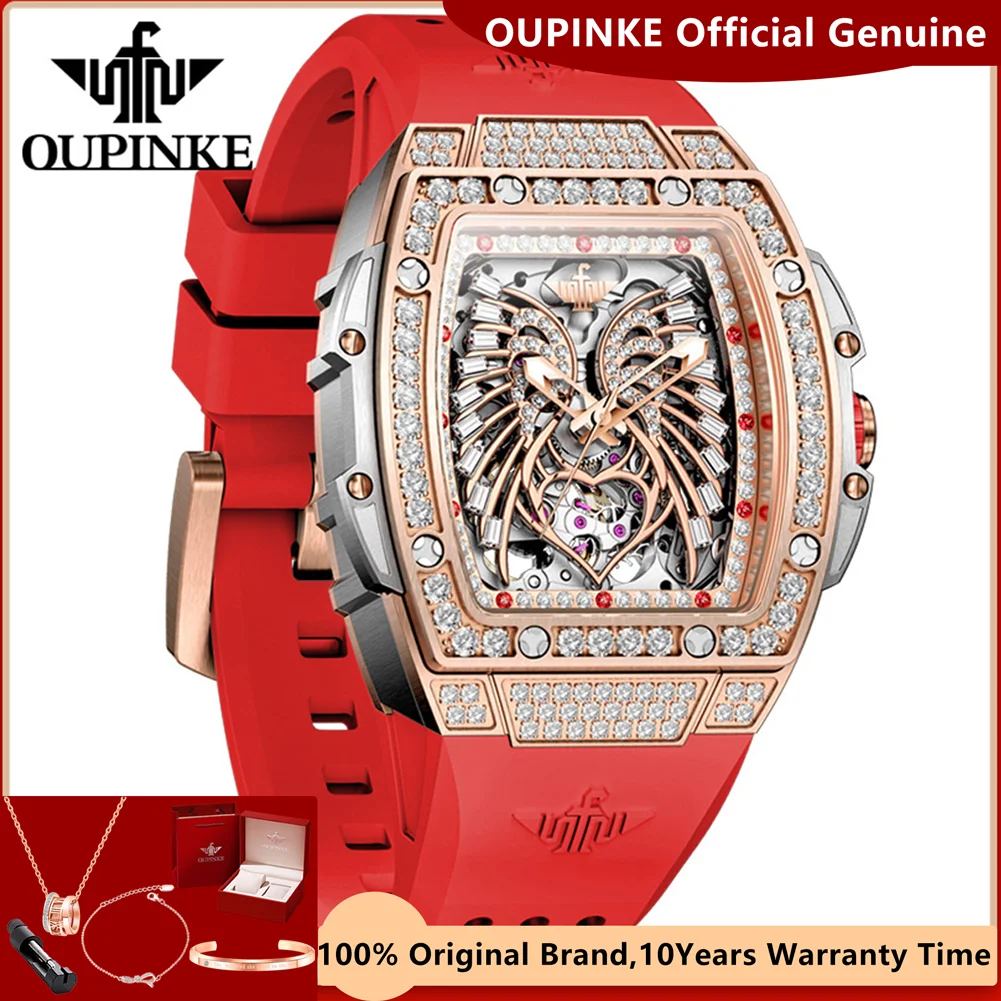 OUPINKE Hollow Diamond Women's Watches Original Automatic Mechanical Watch for Women Silicone Strap Elegant Luxury Ladies Watch