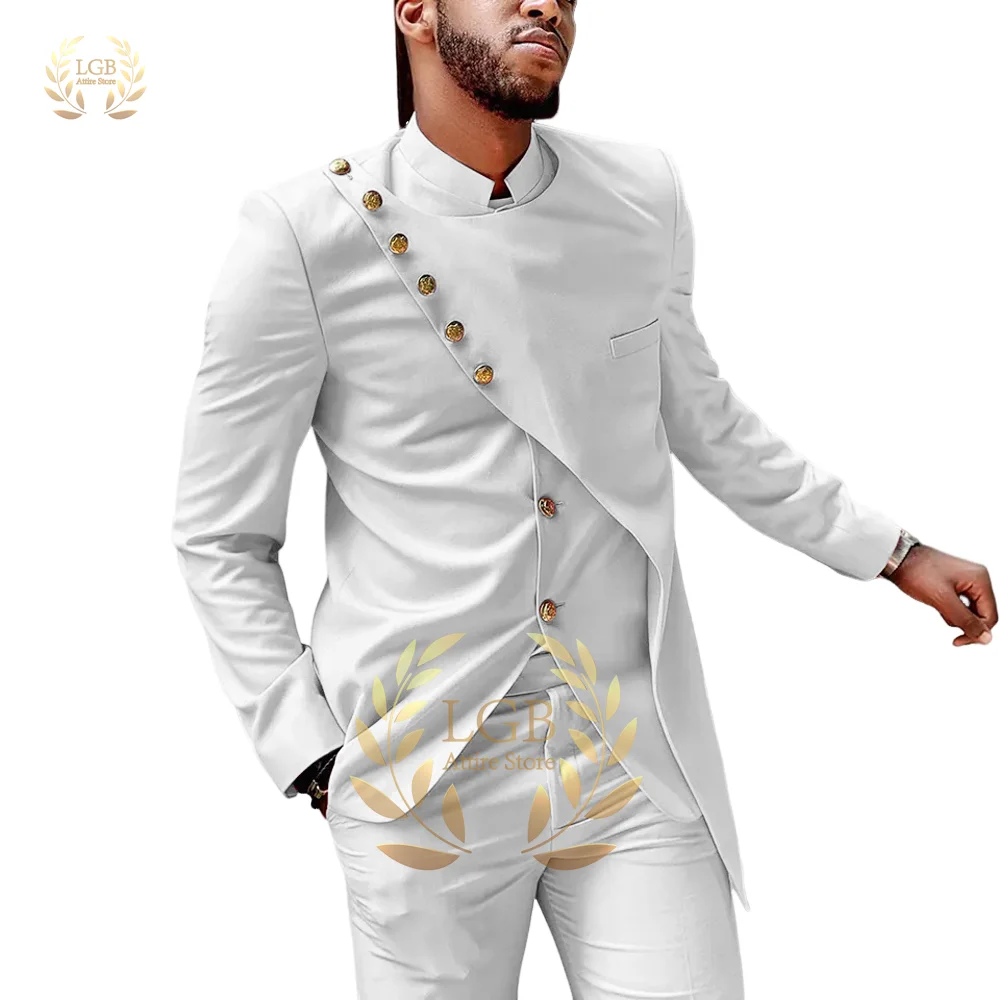 Men's stylish single breasted gold button 2 piece off-white suit, African style stand collar custom elegant men's casual wear