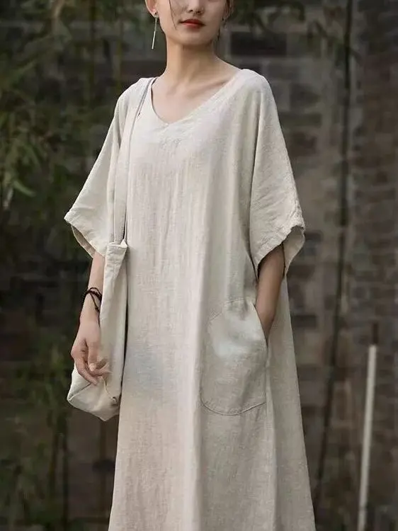 

Summer America Retro 2026 Elegant Lady-style Dress Short Sleeve Cotton Linen Skirt Long Dress Loose Fashion Elegant Dresses S293