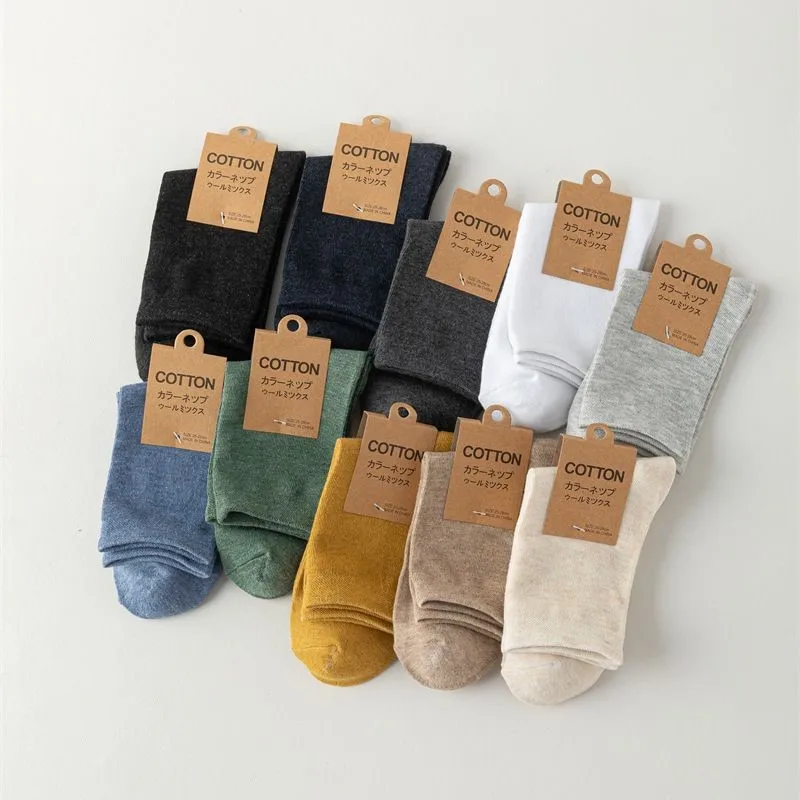 5 Pairs 168 Needle Spring Winter Men Solid Color Comfortable Cotton Retro Long Sock Mid-tube Men's Fashion Socks Simple Style