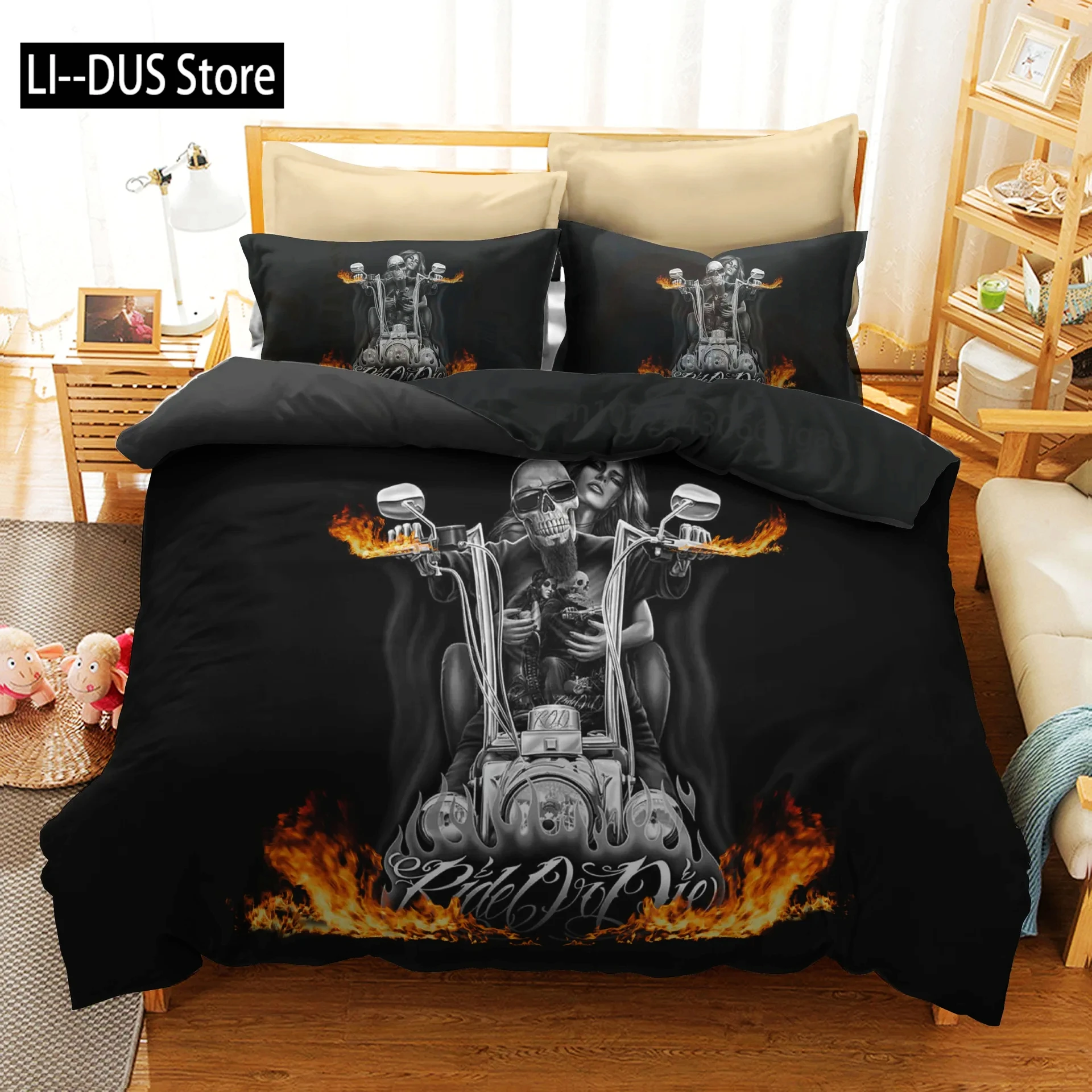 

Human Skeleton Skull 3D Printed Bedding Set Motorcyc and Beauty Duvet Cover Sets Beds Quilt Covers Single Double Queen King Size