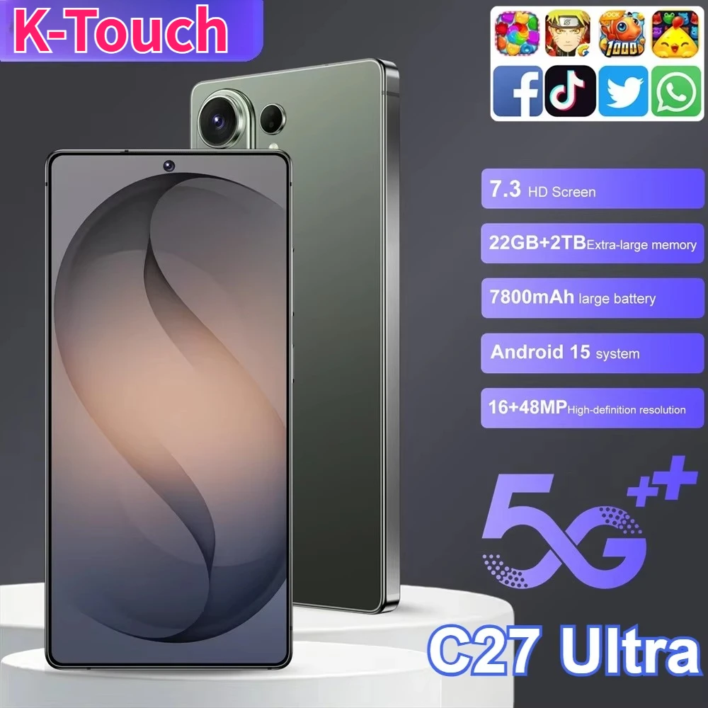 K-Touch Nuovo Smartphone C27 Ultra Android 5G 7.3 HD Telefoni Cellulari 22GB+2TB 7800mAh Octa Core Sbloccato Dual SIM 16+48MP