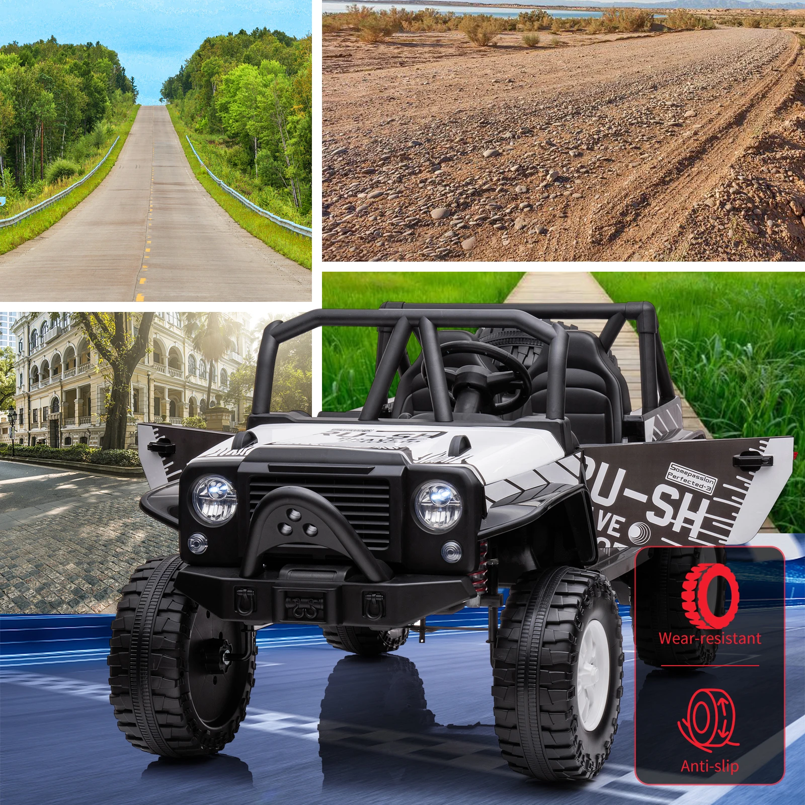 Jouets de tour 24V, Jeep pour enfants 2 places avec lumières LED, siège Extra large de 19 pouces, 2 moteurs, Suspension à ressort à 4 roues, voiture électrique