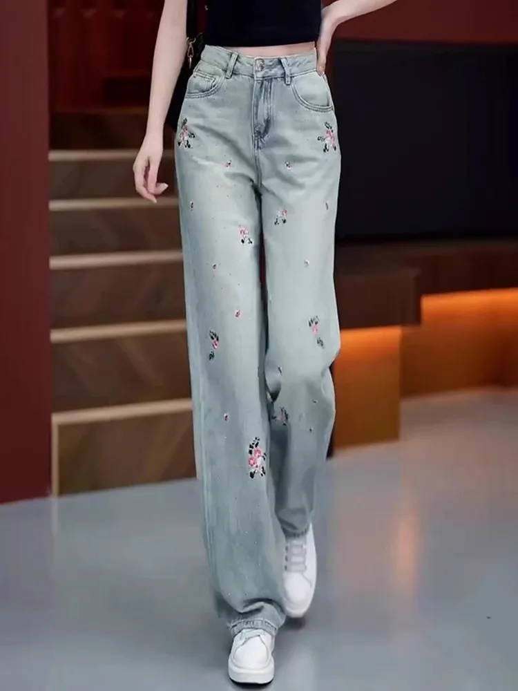 

Синие прямые джинсы в стиле ретро, женские свободные джинсы с высокой талией для похудения, узкая версия, широкие брюки с морским рисунком