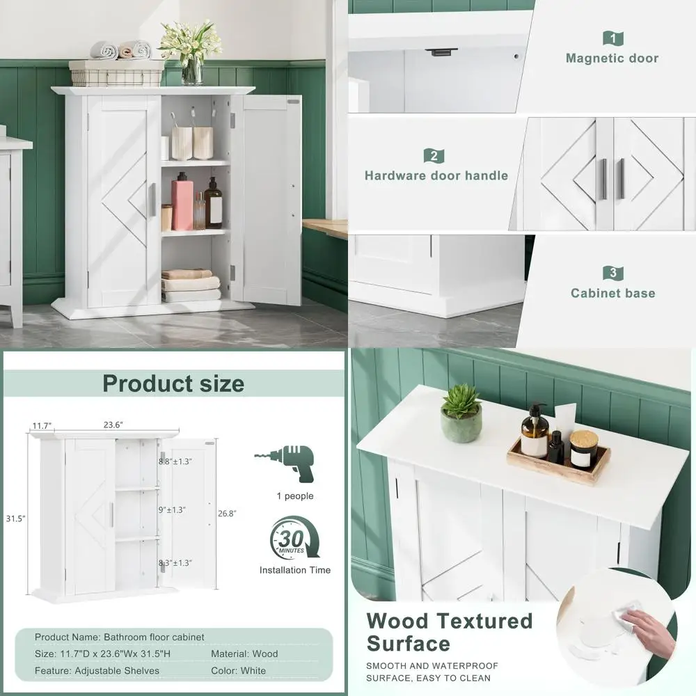 

Freestanding Bathroom Floor Storage Cabinet with Adjustable Shelves, Suitable for Kitchen, Living Room, Dining Room, and Entrywa