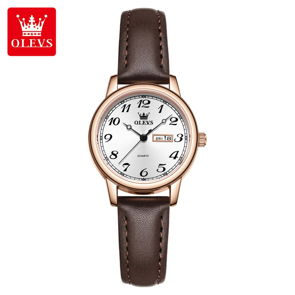 OLEVS New Fashion Woman Watches Leather Strap Women Quartz Wristwatches Original Design Week Date Ladies Clock Relogio Feminino