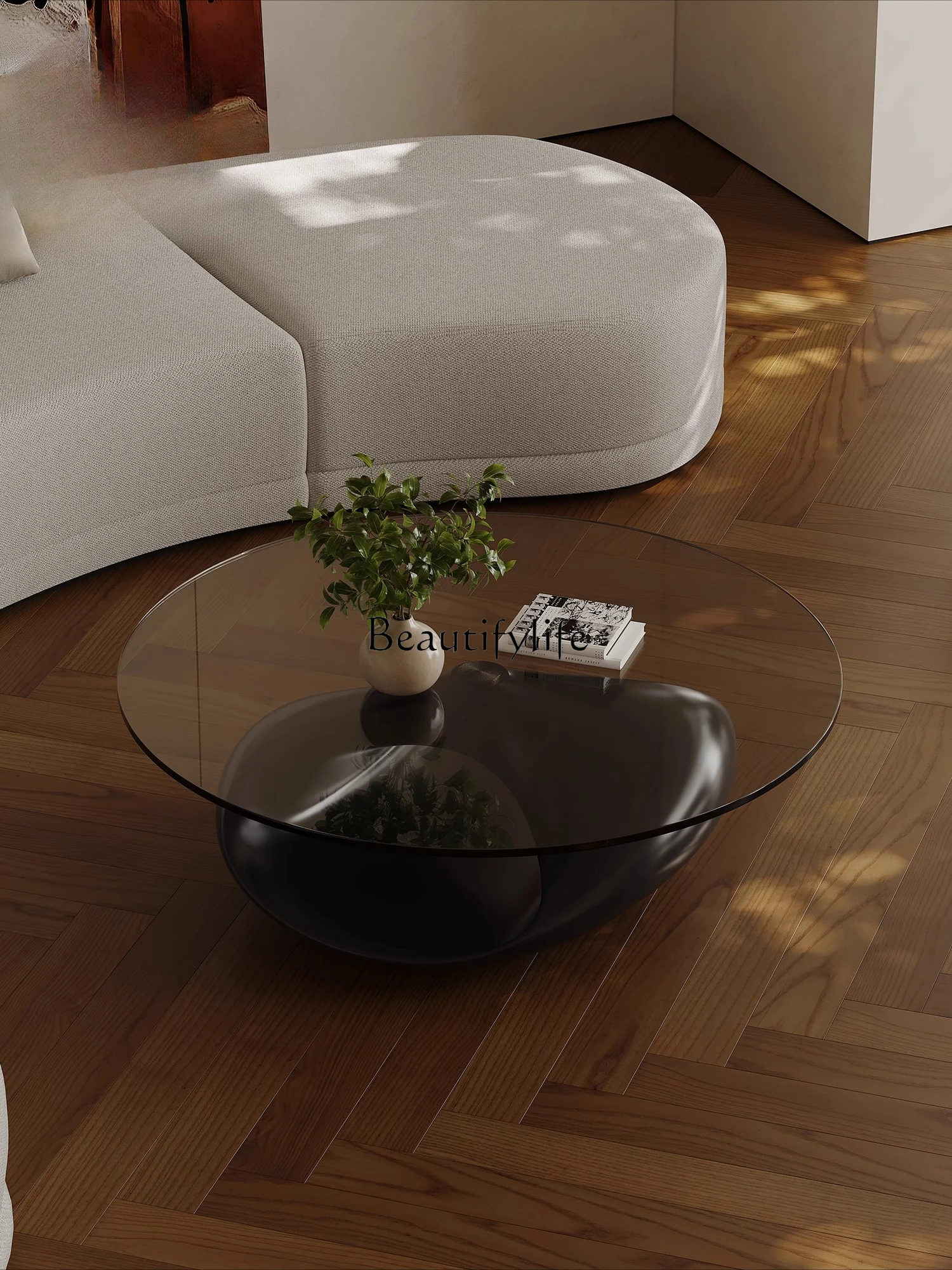 

Light luxury modern tempered glass coffee table living room household large apartment designer round coffee table high sense