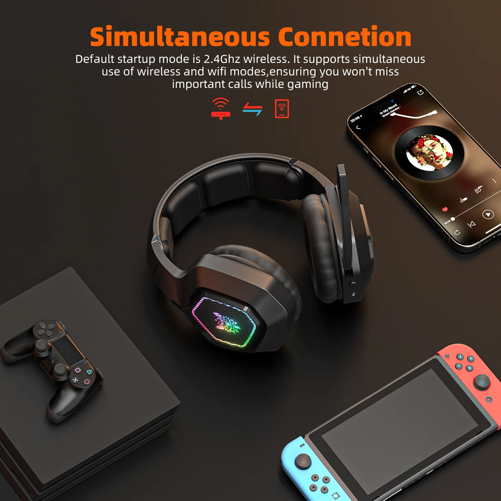 ONIKUMA B100 Wirelesss Headphones with RGB Head Beam Flexible Mic Button Control 2.4GHz Gaming Headset Gamer for Compute PC