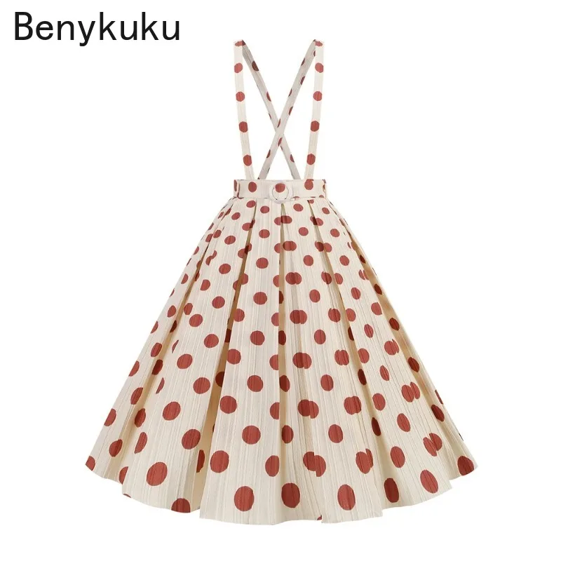 

Polka Dot Vintage Suspender Skirts 2024 Women Summer Clothes Preppy Style Belted Pleated Midi Skirt Kawaii Fashion Saia Tule