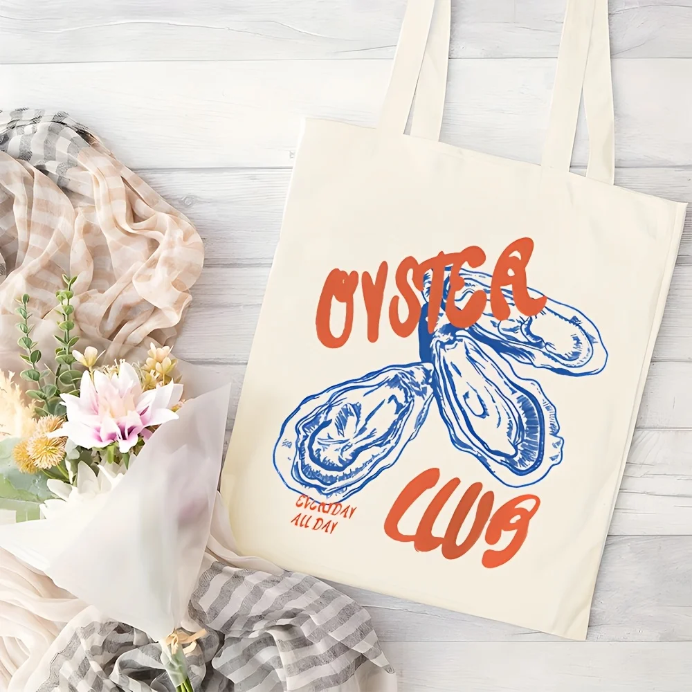Large Capacity Oyster Club Canvas Tote - Foldable, Portable, Machine Washable, Perfect For Commuting, Beach Days, And Casual Out
