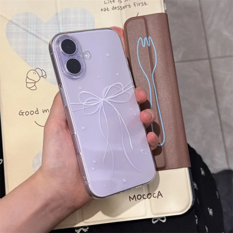 Transparente Handyhülle mit großem Loch, violett und weiß bemalt, mit Schleife, für iPhone 11 12 13 14 15 16 17 18 Pro Max – Detail 1