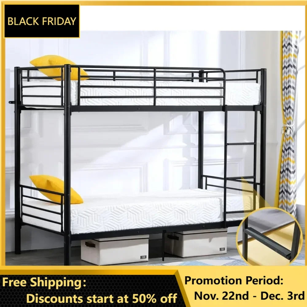 Bunk Bed Twin Over Twin, Twin Bunk Beds for kids/Teens/Adults, Flat Ladder and High Guardrail, Metal Bunk Bed with Stairs, Black