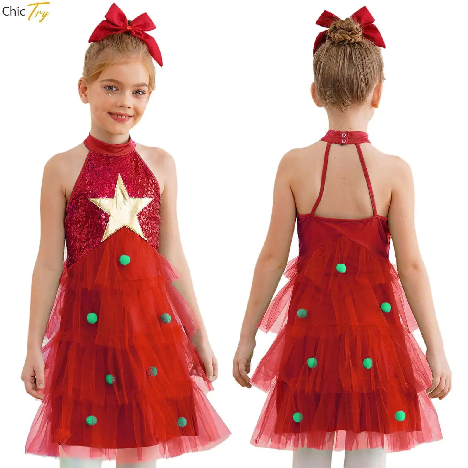 

Girls Christmas Ballet Tutu Dress Cami Sleeveless Sequins Pompoms Mesh Dress for Xmas Party Performance Dancing Costume Dress