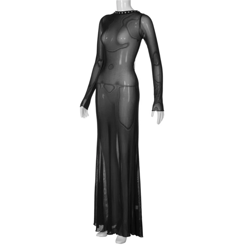 Robe plage en maille transparente pour femmes, manches longues, bandes croisées, évasée, moulante, robes longues pour