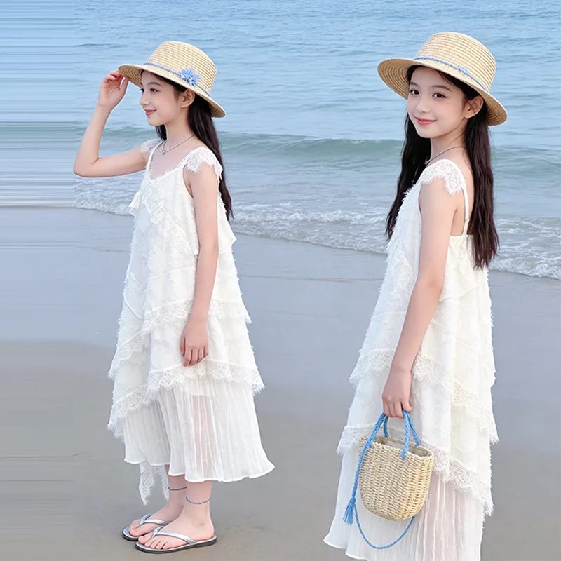 

Girls' Spaghetti Strap Dress Lace Summer Maxi Dress 2026 New Summer Collection Big Girls' Slip Dress Beach Vacation Wear