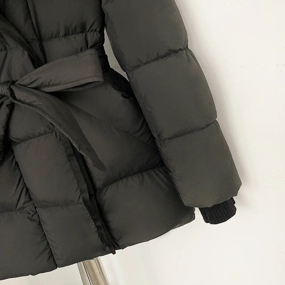 OFTBUY New Winter Real Fur Outerwear Women's Down Jacket with Real Fox Fur Belted Waist Mid-Length White Duck Down Puffer Coat