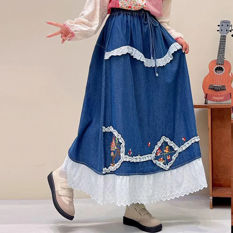 Spring Summer Japanese Sweet Mori Girl Lace Embroidery Patchwork Skirts Women Vintage Plaid Elastic Waist Casual A-Line Skirts