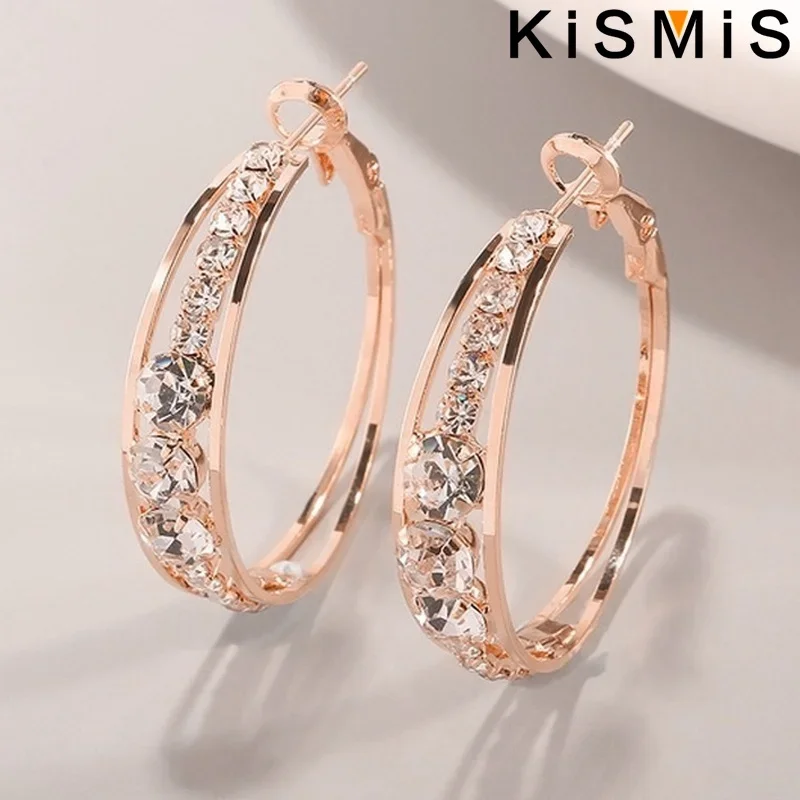 KISMIS 1Pair Women's Jewelry Pretty Gold Silver Black Rose gold Diamond Earrings for Women Hoop Earrings Valentine's Day Gift