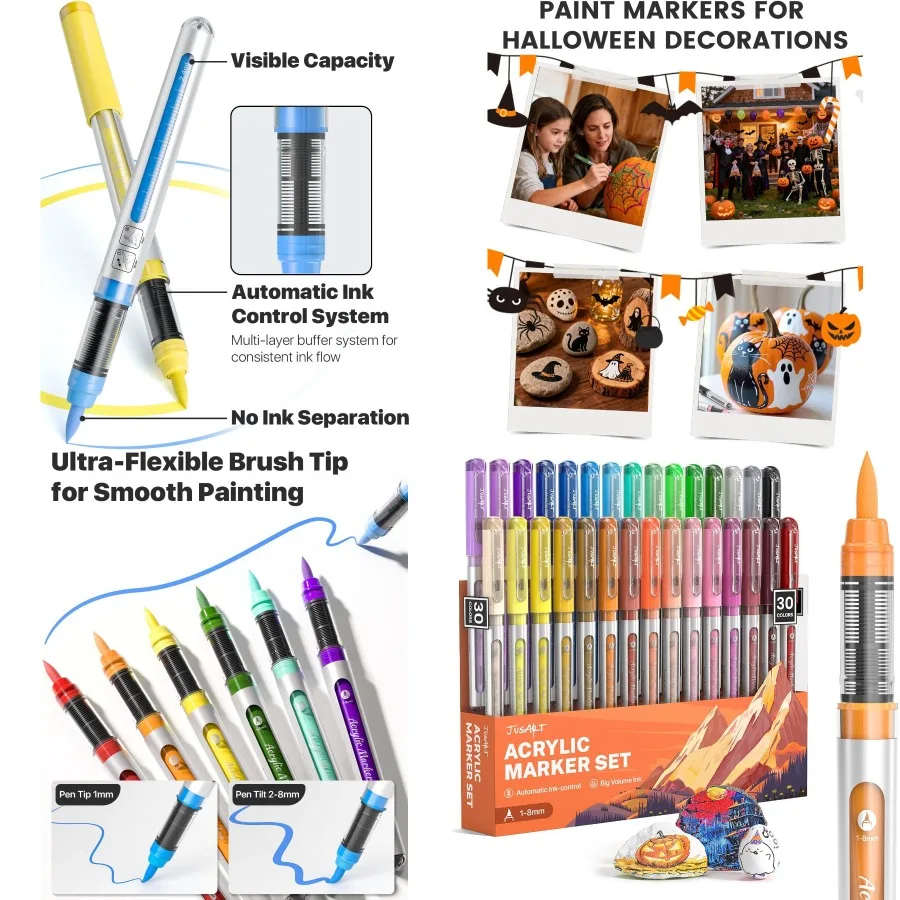 

JusArt Acrylic Paint Markers Brush Tip 30 Colors Water-Based Coloring Markers with Automatic Ink Control Ideal for Halloween Cr