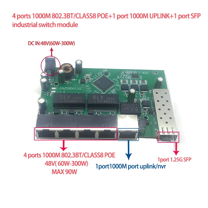 

Коммутатор для отрасли ethernet, 4 порта, 48 В (60-100 Вт), 1000, 3BT/class 8 с 1 портом 300 M UPLINK/NVR 1 порт sfp, 5 10/802/1000 м