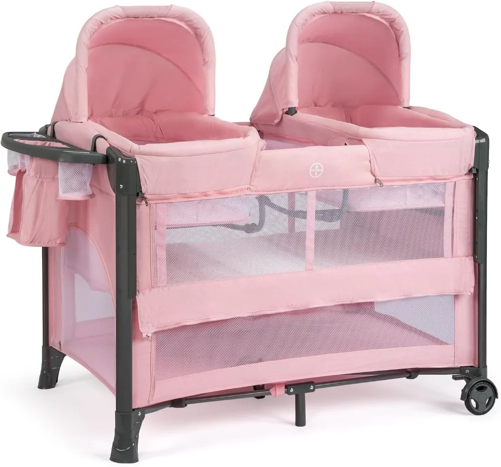 JOYMOR Twin-Stubenwagen für Babys, Nachttisch-Stubenwagen, umwandelbar in Nachttisch-Schläfer und Laufstall, mit Rad, Bremse, klappbare Seite