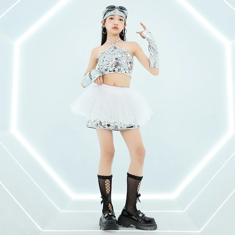 Kpop Meisjes Jazzdans Zilveren Pailletten Pak Kostuums Opknoping Hals Vest Rok Dans Kleding Street Dance Hip Hop Show Wear DQL10653