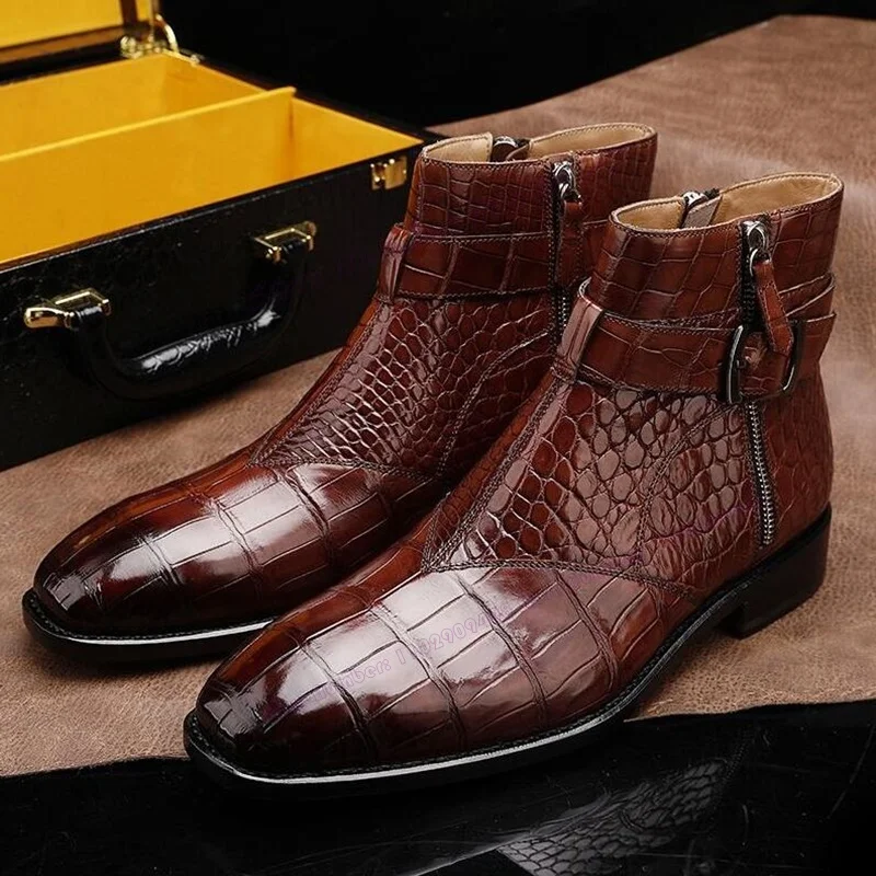 Brown Crocodile Skin Men's Ankle Boots Strappy Buckle Decor Round Toe Chunky Heels Comfortable Shoes Casual Business Shoes