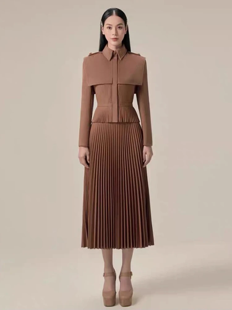 DEAT Elegant 2 Pcs Set Sailor Collar Patchwork Coat A-line Pleated Brown Skirt Women's Suit 2024 Spring New Fashion 13DB4583