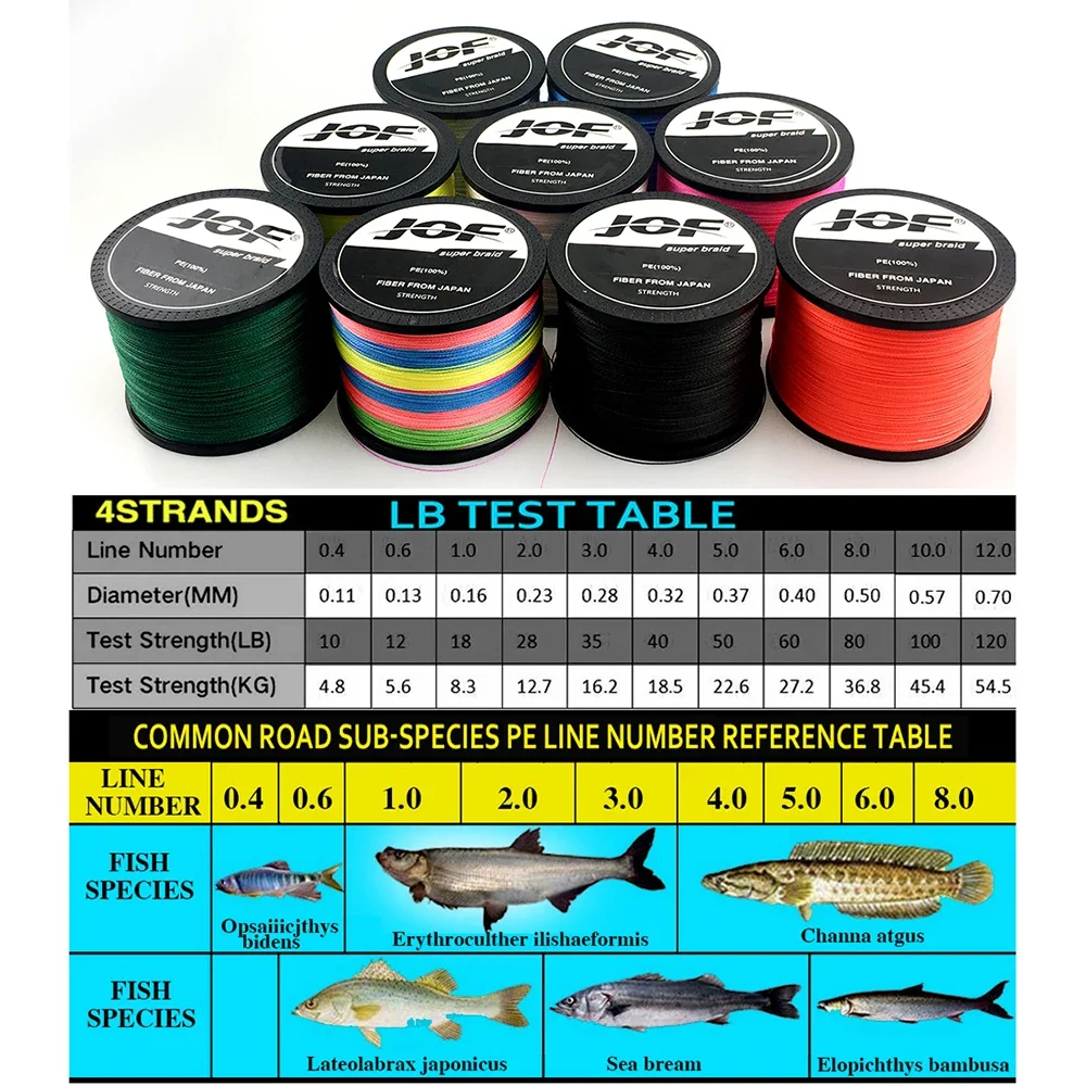 JOF 100M 300M 500M 1000M PE Fishing Line 4 Strands Braided Fishing Line 8-80LB Multifilament Fishing Line Smooth