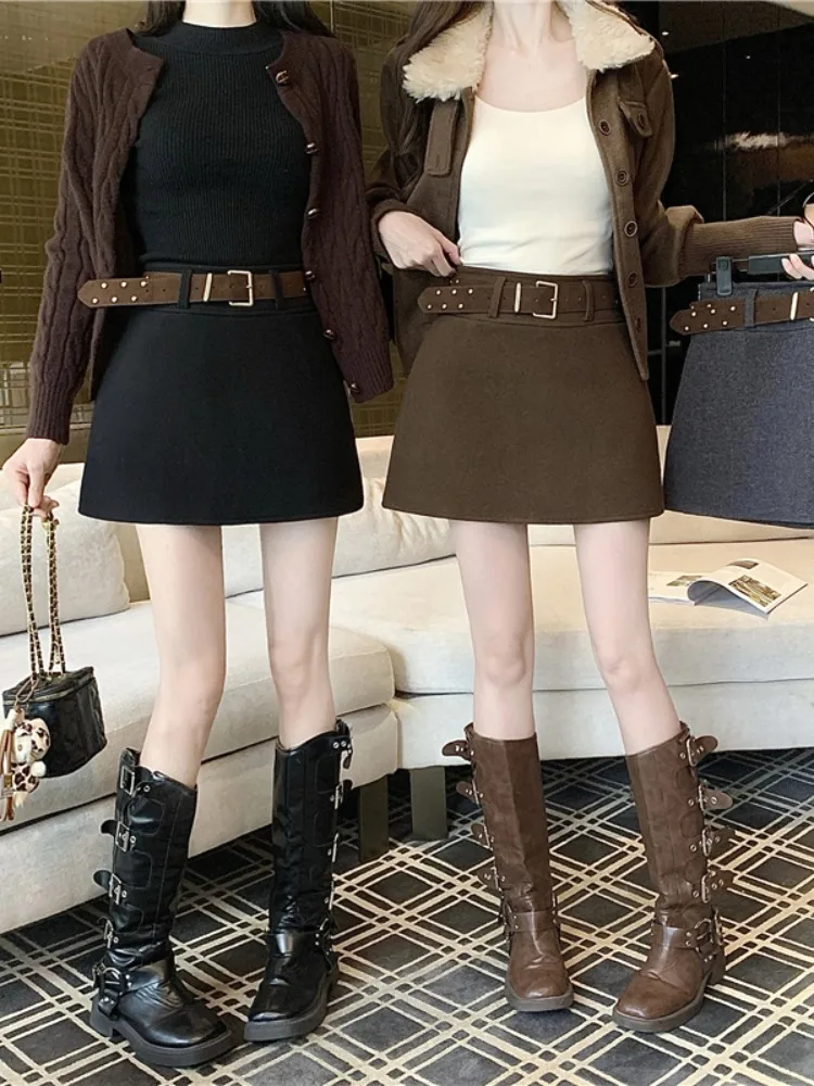

Юбка трапециевидной формы с высокой талией в стиле ретро, женские зимние модные шерстяные юбки с заклепками и поясом, антилегкие юбки ort