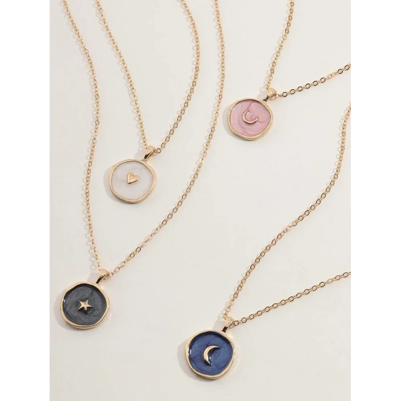 4 Pcs Retro Geometric Necklace Set for Layering. Features Love, Moon, Star & Droplet Charms with Luxe Details.