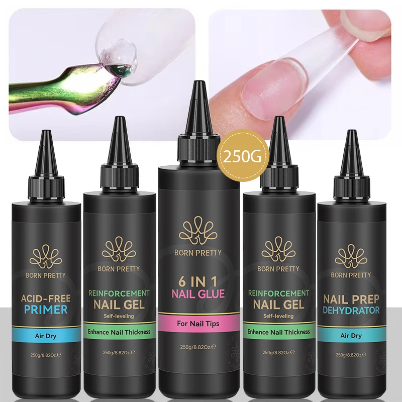 본 프리티 250g 6 in 1 글루 젤 네일 폴리쉬 네일 C 아크 강화 네일 아트 두께 고무 베이스 젤 슈퍼 브라이트 탑 코트