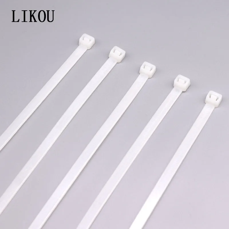 LIKOU self-locking Nylon cable ties 100pcs 8x150mm/200mm/250mm/300mm/350mm/400mm/500mm/Plastic cable ties straps White