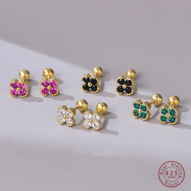 925 Sterling Silver Shiny Colored Zircon Flower Stud Earrings for Women Girl Exquisite Jewelry Bijoux Accessories