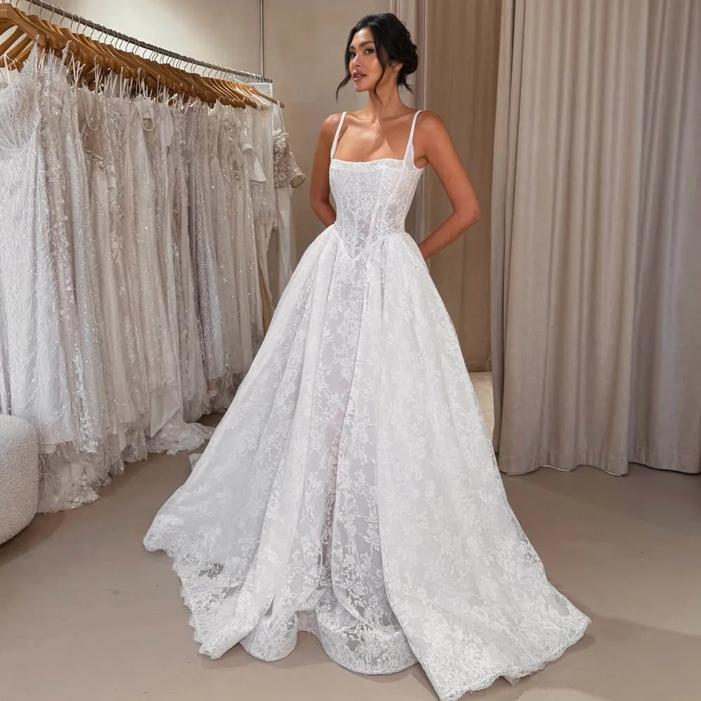 

Charming Two Straps Full Lace Bridal Grown A line Wedding Dresses Sweep Train Customade 2026 Vestido De Noival
