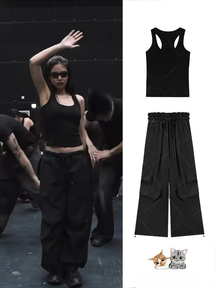  Jennie Sports Bra Top Quick Dry Drawstring Loose Dancing Outfit Set Women's Ethnic Stage Costume Casual Wear