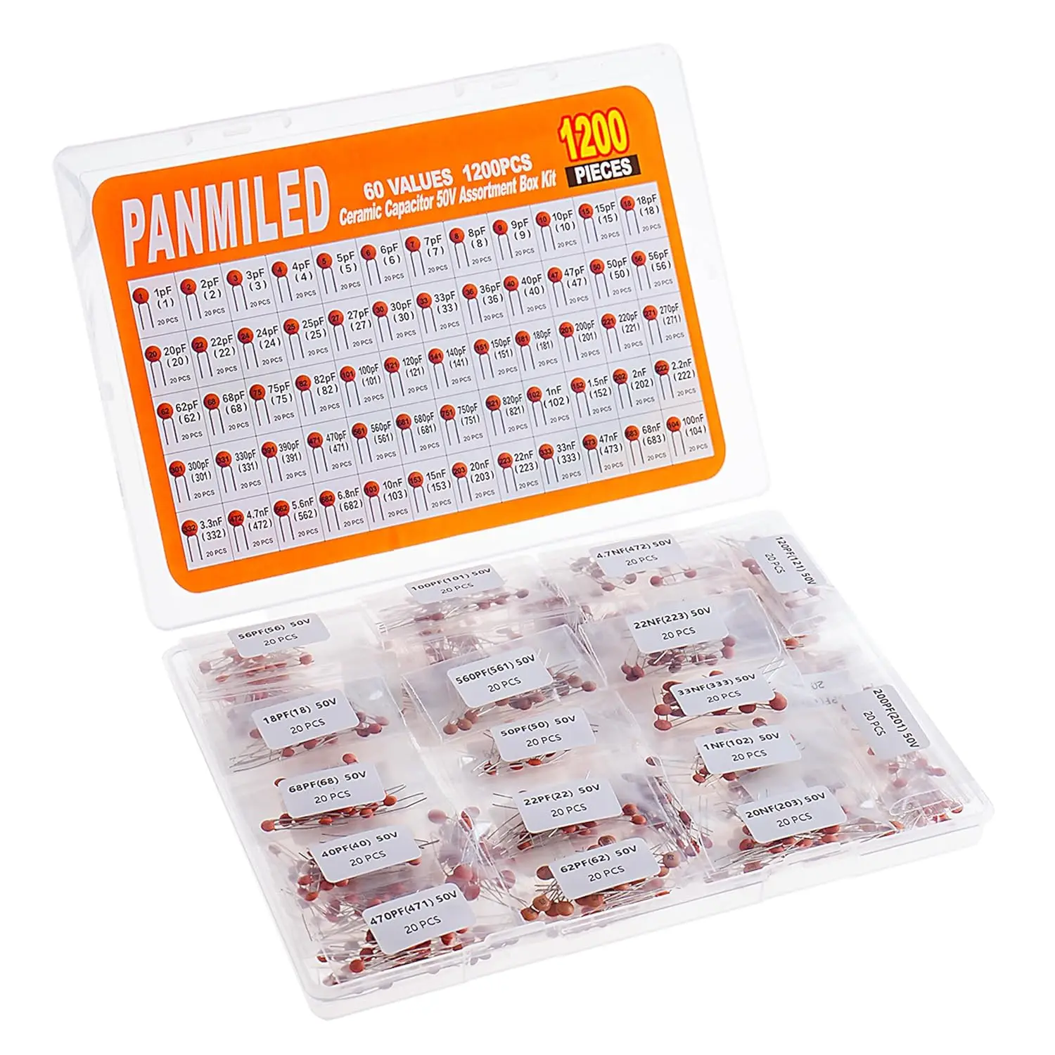 60 Values 1200 Pieces Ceramic Capacitor 1pF-100nF 50V Multilayer Monolithic Chip Assortment Kit