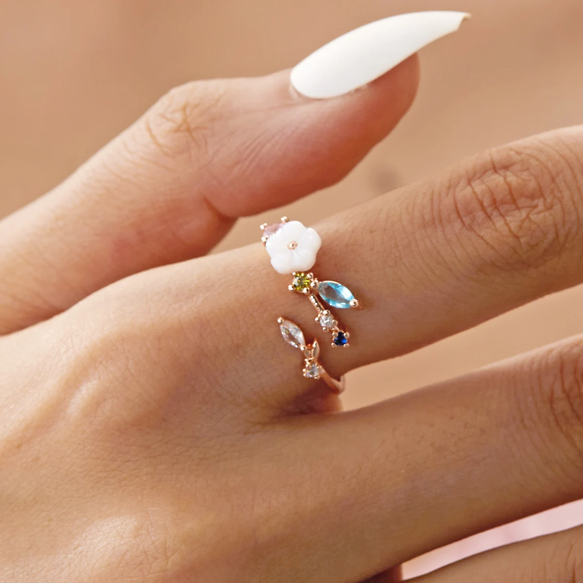 Zarte Kristall-Zirkon-Ringe für Frauen, süße Blume, Blatt, Schmetterling, verstellbare offene Ringe, Hochzeit, Verlobung, Schmuck, Geschenk – Detail 6