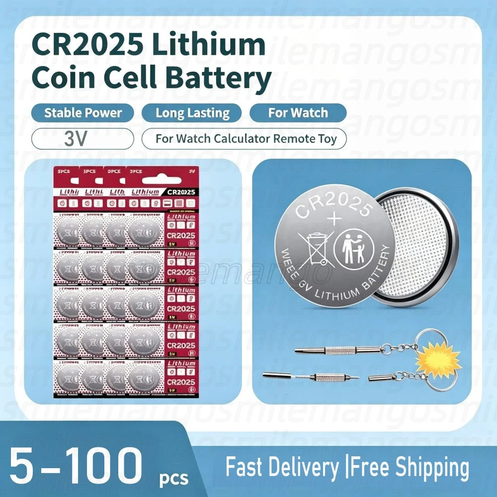 CR2025 Lithium Battery 3V Coin Cell (5-100PCS) - DL2025/BR2025/5003LC/LM2025 Compatible for Watches, Toys, Calculators, Clocks