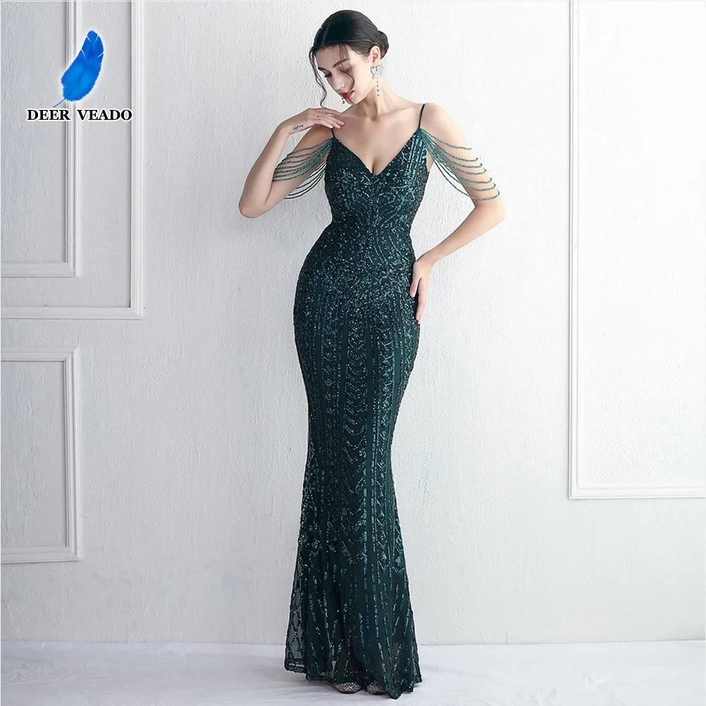 DEERVEADO Mermaid V Neck Shiny Evening Dress for Woman Luxury Beads Formal Dress Strap Special Party Maxi Dresses