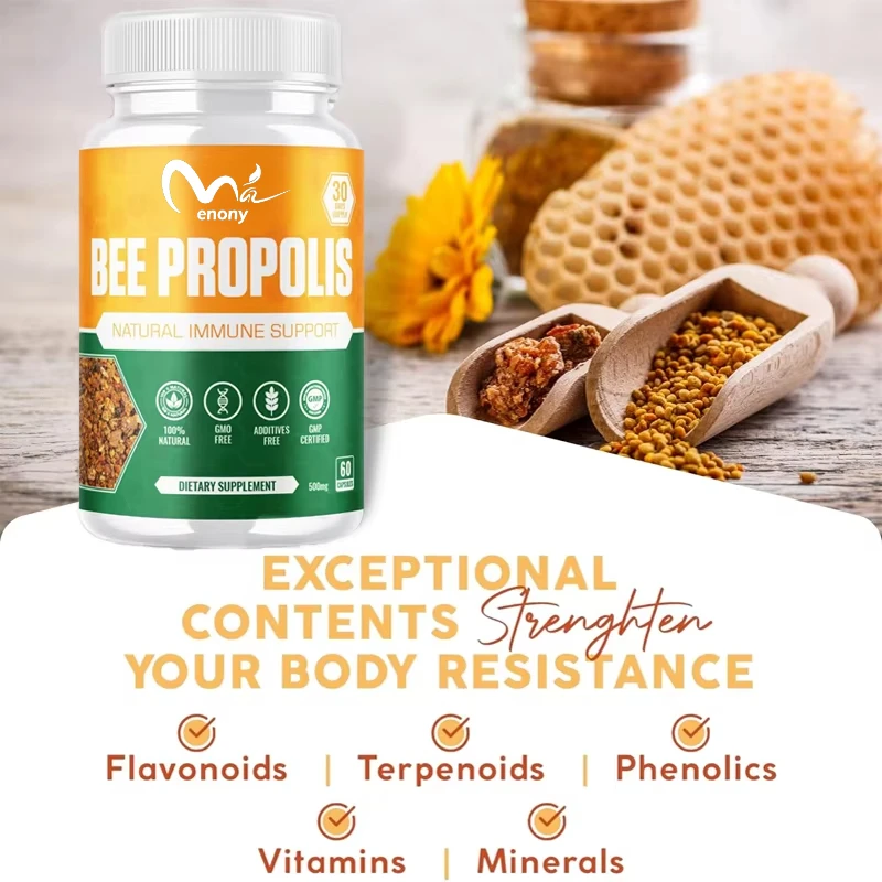 Cápsulas de extracto de propóleo, potenciador inmunológico Natural, no GMO, 500mg, 60 cápsulas vegetarianas, contiene polvo de frijol