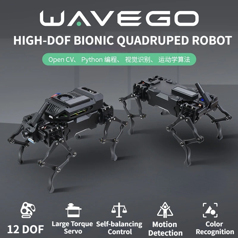 

WAVEGO 12-DOF Bionic Dog-Like Robot с открытым исходным кодом ESP32 / PI4B Raspberry Pi 4B распознавание лица отслеживание цвета Обнаружение движения