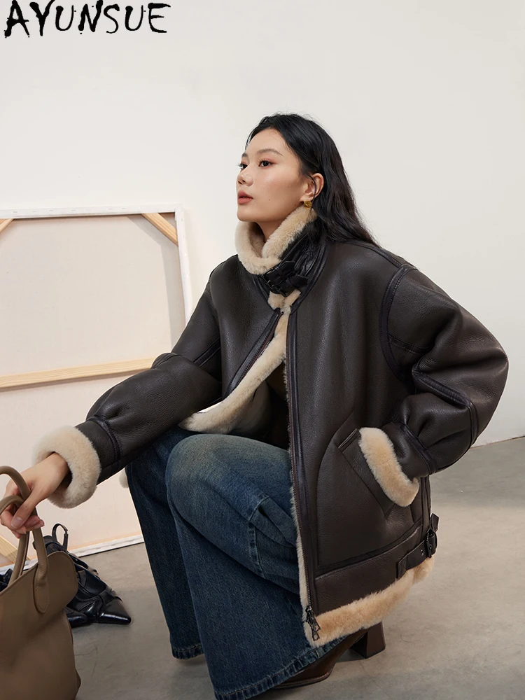 AYUNSUE 天然羊皮毛皮コート本革ジャケット女性 2025 暖かい冬服女性バイクジャケット Шуба Женская