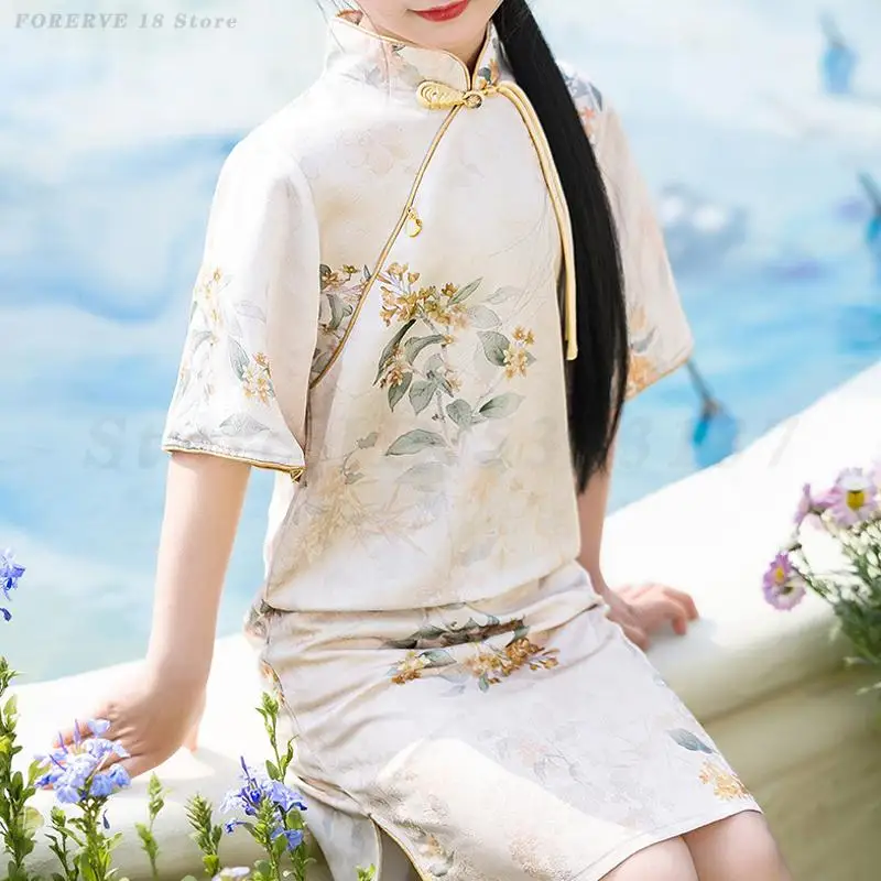 

Винтажное китайское платье Cheongsam Hanfu для девочек, детское летнее новое платье Ципао с цветочным принтом, детское платье принцессы феи, праздничное платье