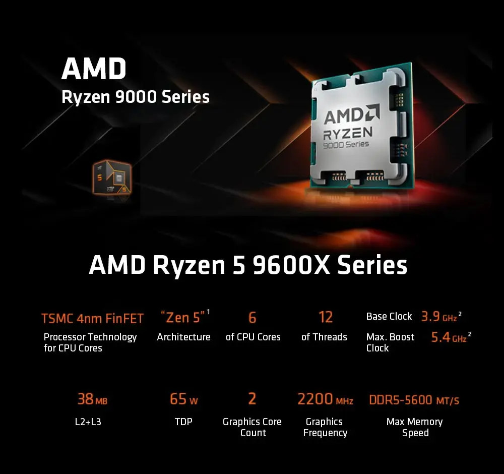 Imagem -05 - Processador Cpu Amd-ryzen 9600x r5 9600x 39 Ghz Núcleos 12 Thread Pcie 5.0 65w 5nm l3 = 32m Ddr5 Am5 Am5 Jogos